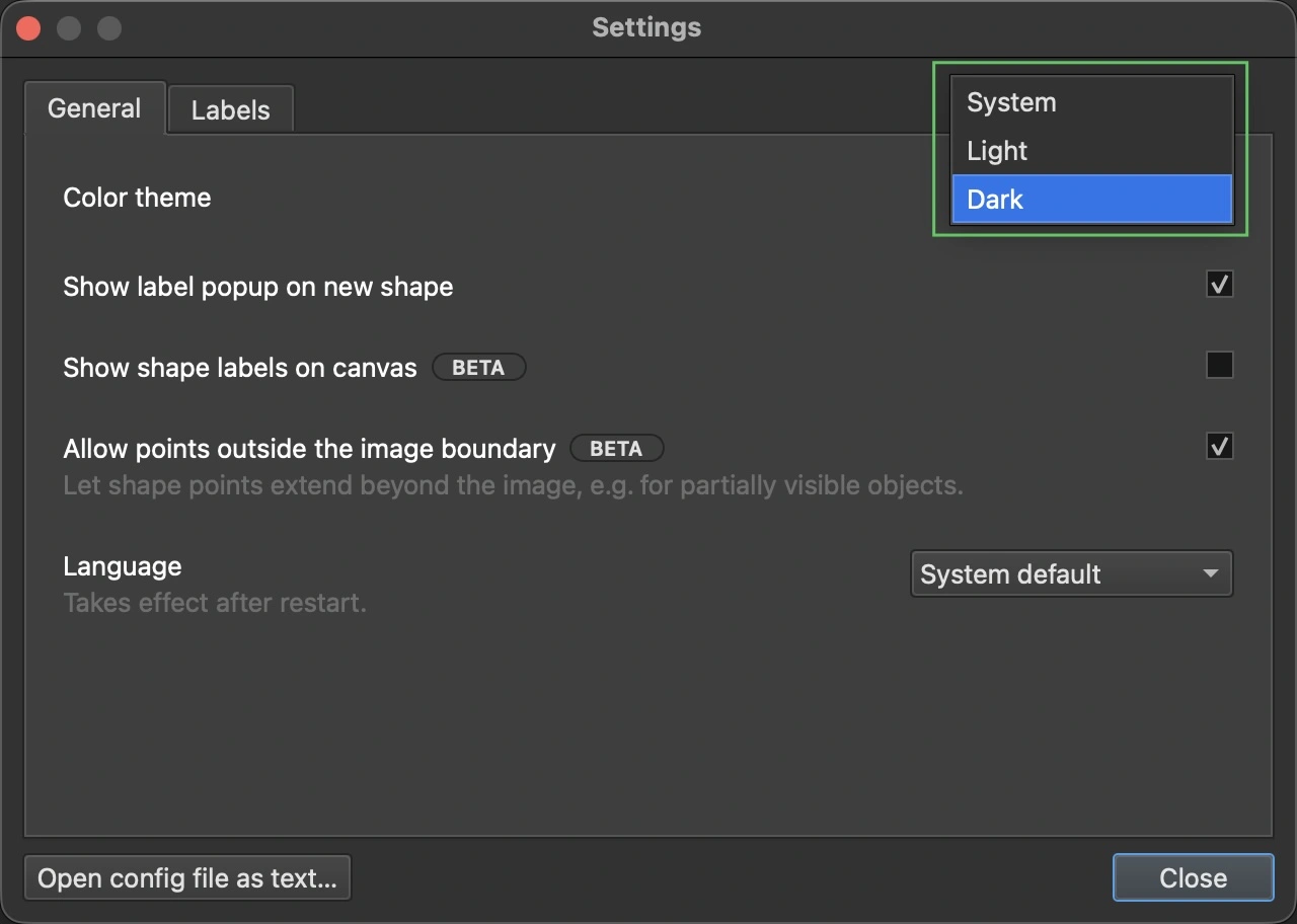 The LabelMe v7 color theme picker open in Settings, showing System, Light, and Dark, with Dark selected