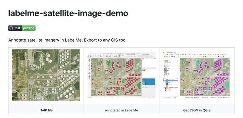 Three panels: a NAIP aerial tile of an oil tank farm, the same tile annotated in LabelMe with red polygons around tanks and green polygons around fields, and the resulting GeoJSON loaded as purple polygons in QGIS