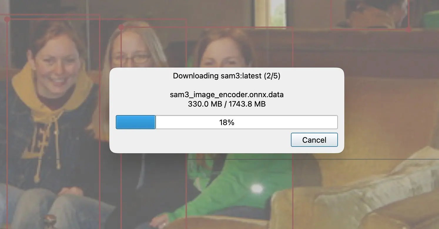 LabelMe v6.1 AI model download dialog with progress bar and cancel button