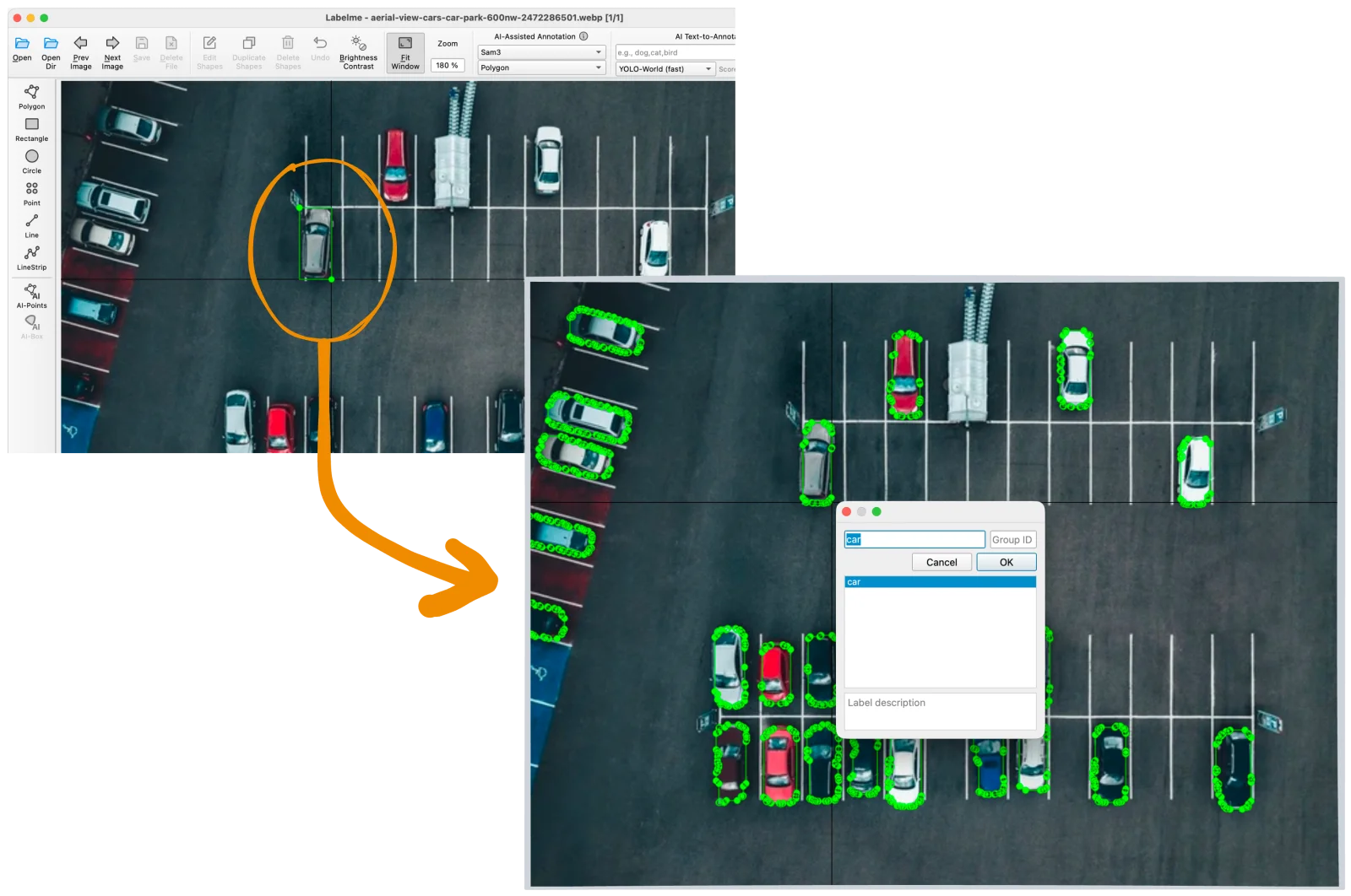 LabelMe v6.1 SAM3 AI-Box mode producing multiple shapes from a single bounding box