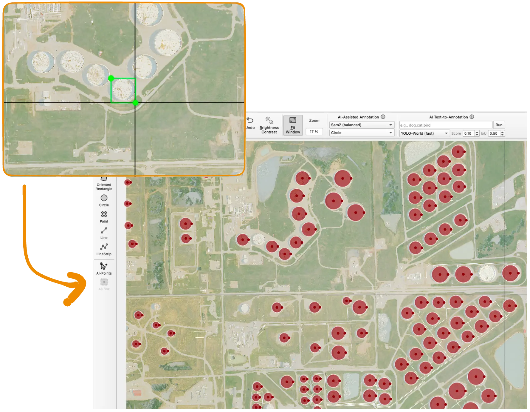 LabelMe canvas of round tanks at an industrial site annotated with circles, with an inset showing the AI-Box drawn around a single tank