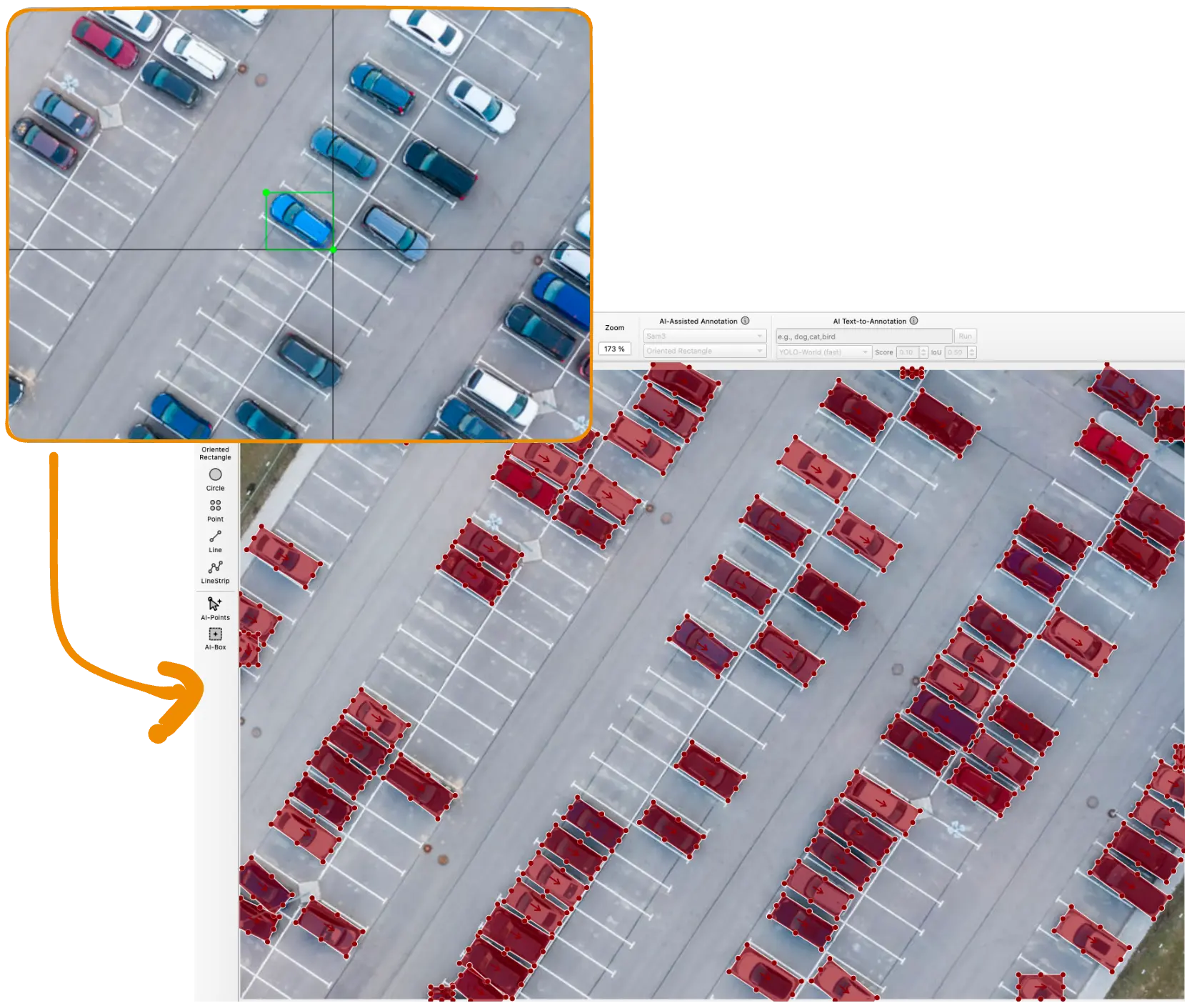 LabelMe canvas of cars in a parking lot annotated with oriented rectangles, with an inset showing the AI-Box drawn around a single car