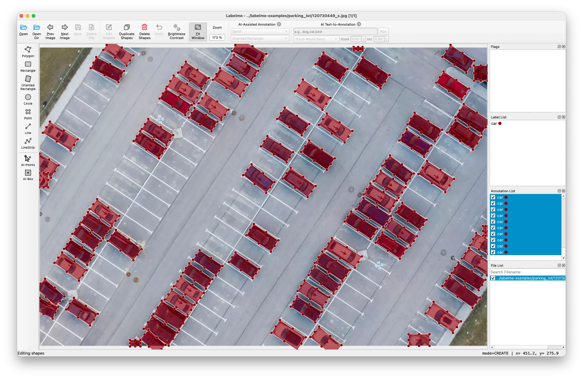 LabelMe v6.2 annotating cars in an aerial parking lot image with oriented rectangles, each box rotated to match the car's heading