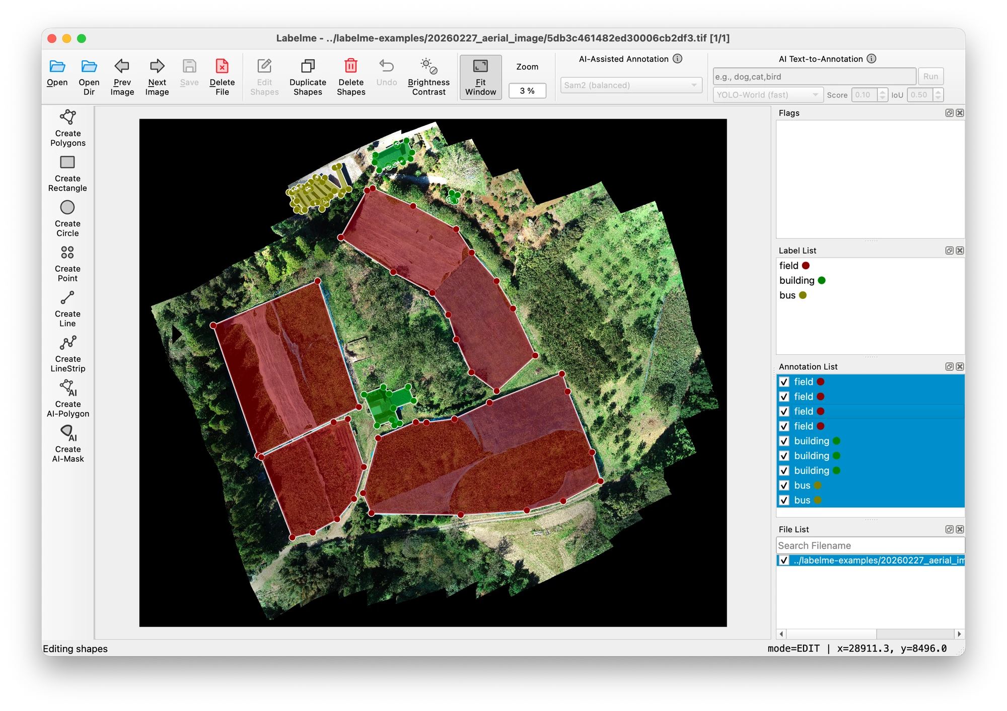 LabelMe v6 annotating a large aerial TIFF image at 3% zoom with field, building, and bus annotations