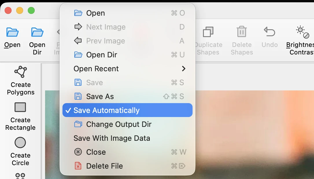 LabelMe v6 File menu showing Save Automatically and Save With Image Data options