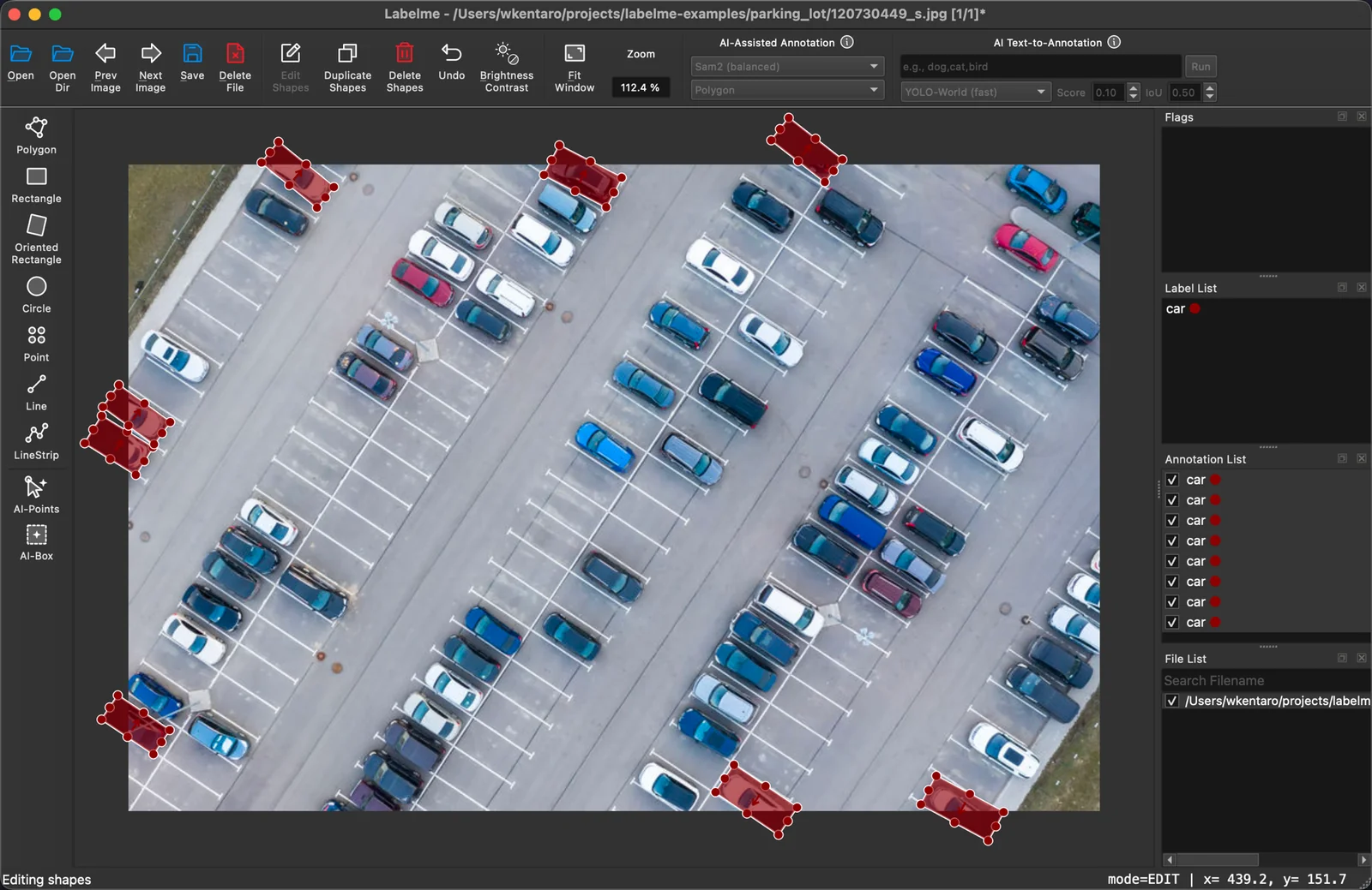 LabelMe v7 annotating an aerial parking lot; car polygons at the top, left, and bottom edges extend past the image boundary into the margin around the image