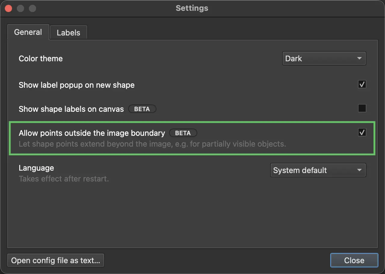 The LabelMe v7 Settings row for Allow points outside the image boundary, with a BETA badge and the option enabled