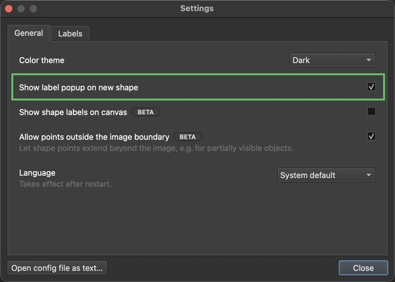 The LabelMe v7 Settings row for Show shape labels on canvas, with a BETA badge and the option enabled
