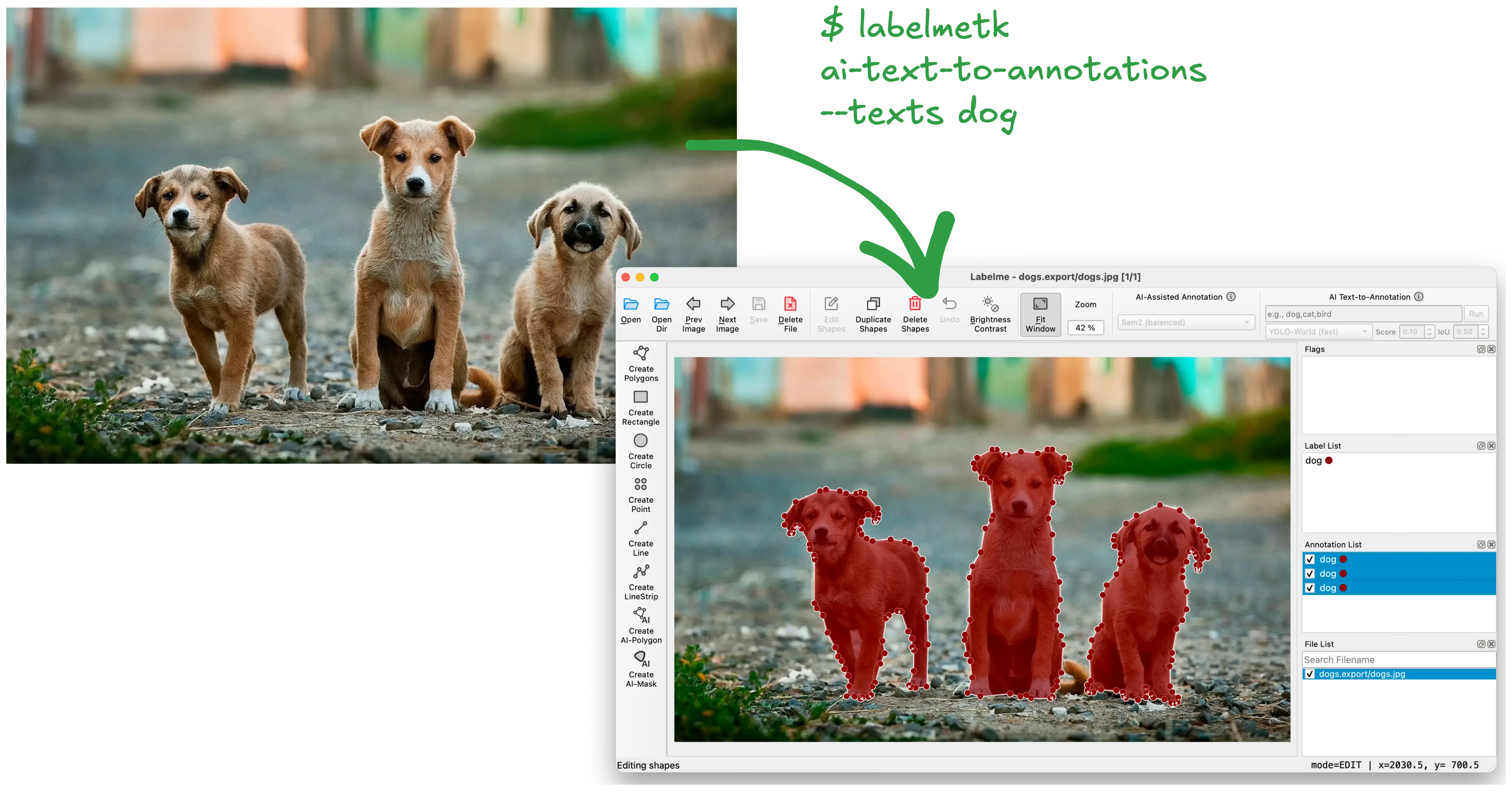 Diagram showing AI-generated polygon annotations from text prompts